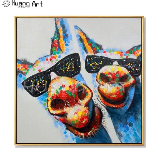 Pure Handmade Lovely Animal Donkey Oil Painting on Canvas Funny Animal Smile Donkey with Sunglasses Oil Painting for Wall Decor