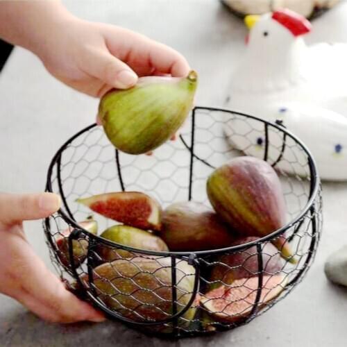 Black Metal Mesh Wire Egg Storage Basket with White Ceramic Farm Chicken Top 2 Side Handles