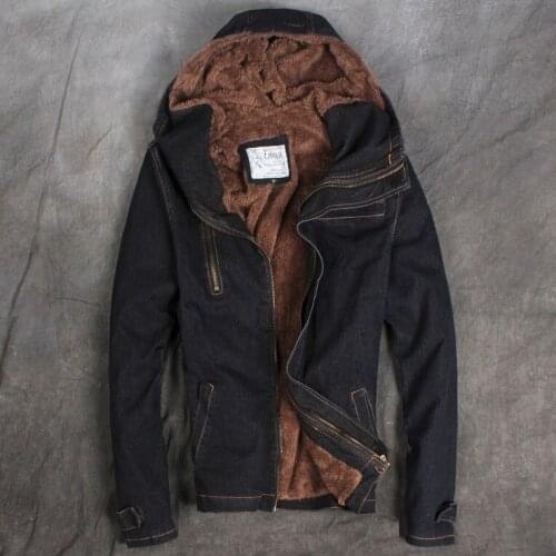 OLOMLB Mens Denim Jeans Zipper Coats Jacket Fleece Liner Thick Winter Motorcycle Black Hooded Peacoat Outwear Slim Fit New A419