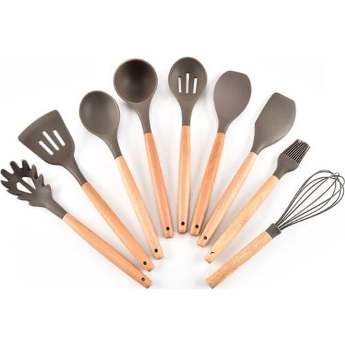 Premium Silicone Cooking Utensil Set 9 Piece Home Kitchen Accessories Wood Cooking Utensils Tools Set for Nonstick Cookware