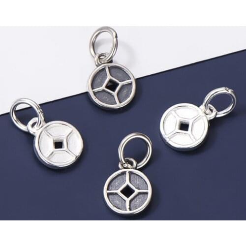 925 Sterling Silver Chinese Coin Round Charm Funny Design S925 Silver Small Pendant Fit Bracelets Necklace Diy Jewelry Making