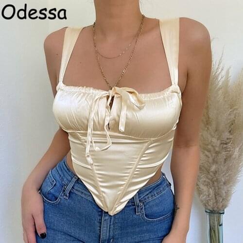 Odessa Summer Off Shoulder White Crop Corset Tops Sexy Lace Up Ruched Strap Tube Sleeveless Backless Women Khaki Black Tank Wrap