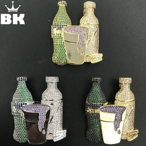 THE BLING KING Colorful CZ Sprite Cup Pendants Micro Paved Cubic Zirconia Two Drank Cue Bottles Big Pendant Necklace