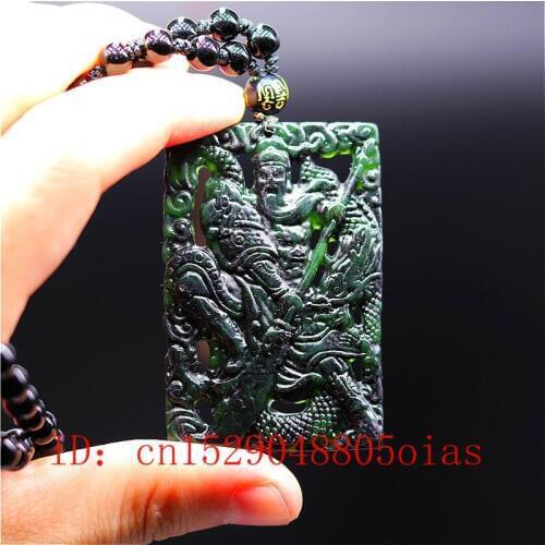 Natural Black Green Chinese Jade Dragon Warrior Pendant Necklace Charm Jewelry Double-sided Hollow Carved Amulet Gifts for Men