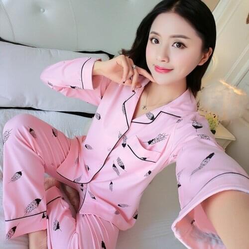 Pajamas Womens Spring and Autumn Summer Solid Color Long Sleeve Thin Cardigan Two-Piece Set Korean-style Plus-sized Womens Tim