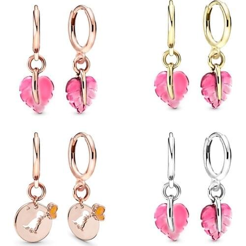 SEIALOY Pink Murano Glass Leaves Stud Earring For Women Girls Dinosaur Butterfly Charm rose gold Circle Earrings Couple Gift
