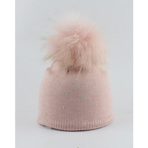 Winter Hat Pompom Boy Girl Ribbed Wool Knit Beanie Rhinestone Real Raccoon Fur Autumn Warm Outdoor Skiing Accessory For Baby