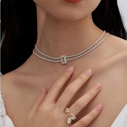 U-Magical Temperament Square Double Layer Rhinestone Chokers Necklace for Women Shining Geometric Metal Necklace Jewelry