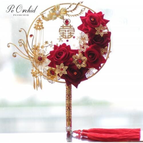 PEORCHID Vintage Red Gold Bride Bouquet Chinese Traditional Round Palace Hand Held Fan For Wedding Bouquet Bridal Flowers 2019