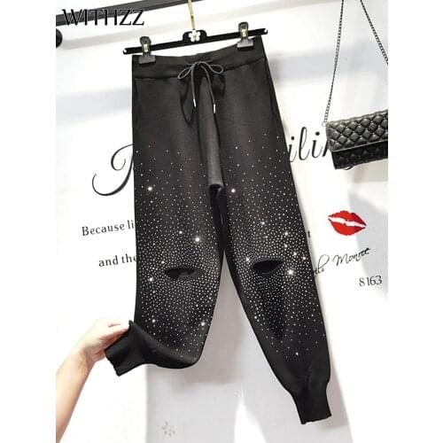 WITHZZ Women Spring Autumn Comfortable Breathable High Waist Sequined Hole Trousers Loose Sports Casual Harem Pants
