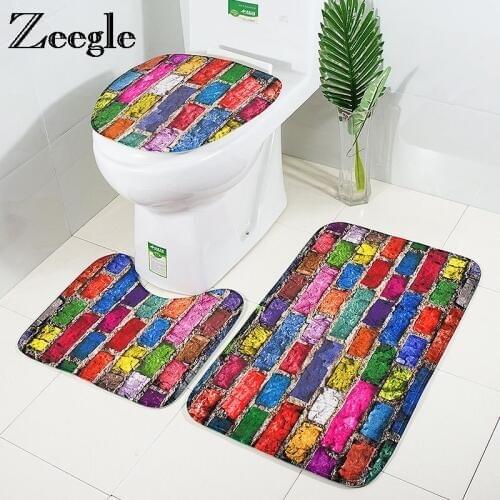 Zeegle Non-slip Bathroom Mat Stone Brick Printed Bath Mat 3pcs Bathroom Carpet Set Absorbent Mat For Toilet Bathroom Floor Mats