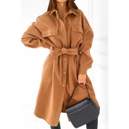 Womens Jacket Oversize Casual Coat Solid Single-breasted Overcoat Thick Lapel Belt Long Coat for Office куртка зимняя женская