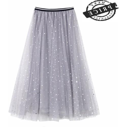 Womens Fashion 2021 Tulle Skirts Spring Long Beautiful Star Skirt Office Ladies Elegant Clothing Female Mesh Cloth LWL211