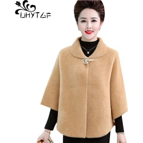 UHYTGF Autumn winter wool coat women Quality mink cashmere elegant Short jacket fashion bat sleeve loose 4XL Plus Size Coat 1325