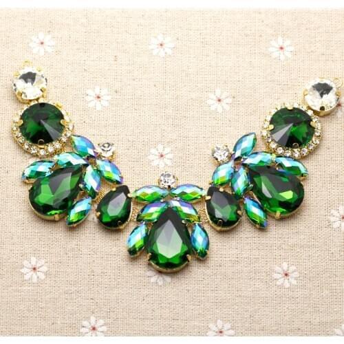 18.5*4.3cm Glass+resin Green AB Colorful rhinestone applique Gold Base wedding Dress Belt Applique Sew on Party Dress Decoration
