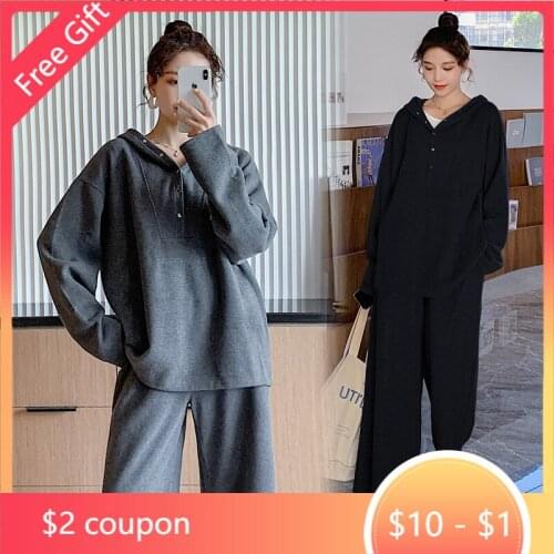 2021 Spring Sports Casual Cotton Maternity Clothing Sets Loose Hoodies + Wide Leg Pants Suits For Pregnant Women Pregnancy
