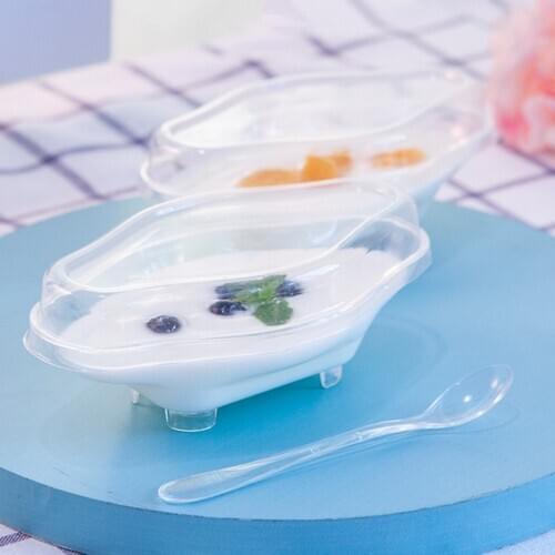 50pcs Creative boat shaped transparent dessert cups 140ml ice cream cake pudding plastic box wedding birthday party cup with lid