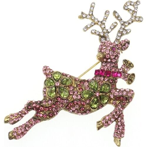 Free Shipping Retro Gold-plated Pink Rhinestone Plum Blossom Reindeer Brooch For Christmas Gift