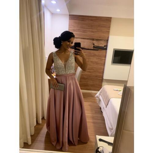 V-Neck Beads Bodice Open Back A Line Long Evening Dress Party Elegant Vestido De Festa Fast Shipping Prom Gowns