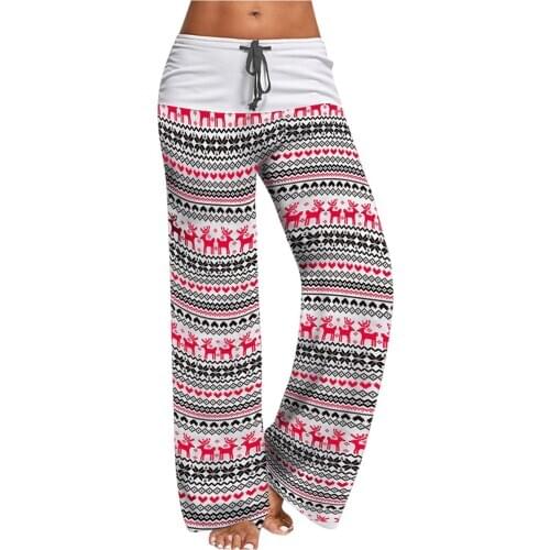Womens Comfy Christmas Sleep Bottoms Female Full Length Printed Sleepware Xmas Drawstring Wide Leg Palazzo Lounge Pants S-XL