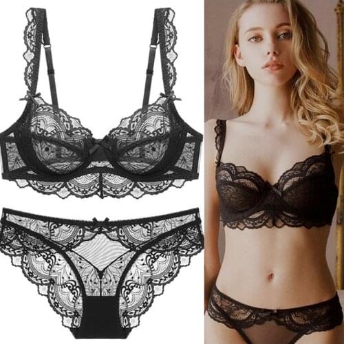 French Sexy Lace Lingerie 2 Piece Set Women Underwear Big Chest Looks Smaller Bralette No Sponge See Through Bra And Briefs Set