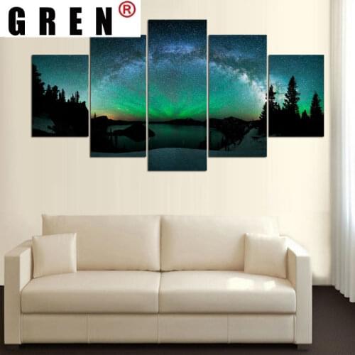 GREN 5 Panels Canvas Painting Aurora Boreal HD Printed Beautiful Natural Landscape Pictures Wall Art Home Decor For Living Room