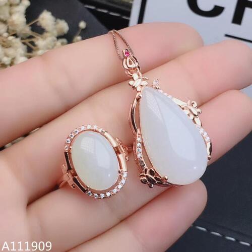 KJJEAXCMY boutique jewelry 925 sterling silver inlaid Natural White jade pendant ring Womens set support detection
