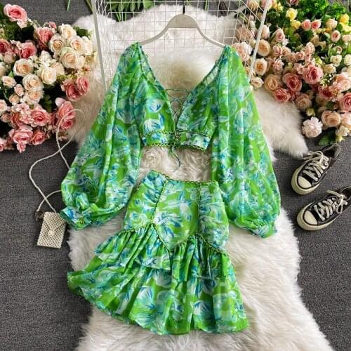 Spring Summer Floral Print Two Piece Set Chiffon Mini Dress 2021 Boho Multicolor Sexy Bandage Backless Crop Top Short Skirt Suit