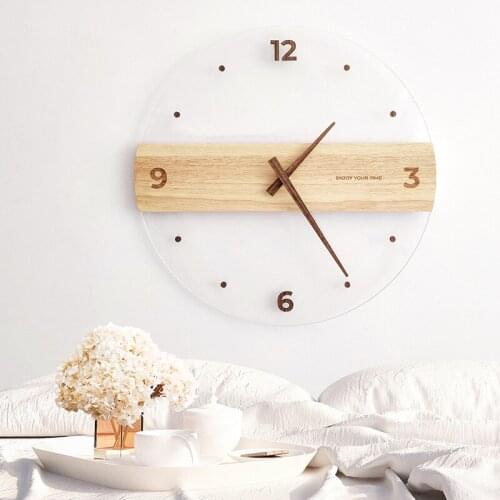 Creative Simple Wall Clock Silent Modern Round Glass Nordic Design Wooden Wall Clock Acrylic Duvar Saati Home Decoration BW50WC