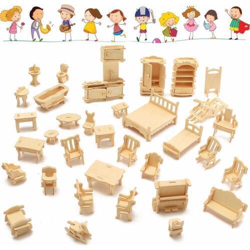 Christmas Gift 34 Pcs Miniature 1:12 Dollhouse Furniture For Dolls Mini 3D Wooden Puzzle DIY Building Model Toys For Children