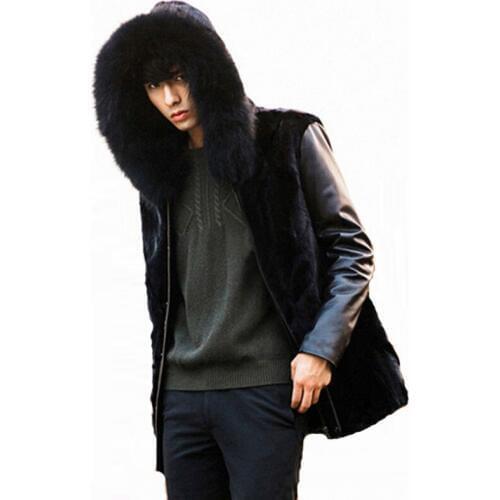 Mens Fur coat Imitation Water Armor Hooded Coat Europe and the United States in the long section Fox Fur Collar Leather 5XL