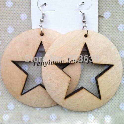 Wholesale 12 Pairs 45mm Carved Star Wooden Earrings Original Color Wood Eardrops For Painting