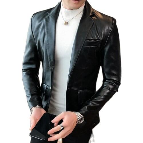 Autumn Winter 2021 New Mens Suit Leather Jacket Business Fashion casual slim Fit PU Leather Jacket Suit Men Coats M-3XL