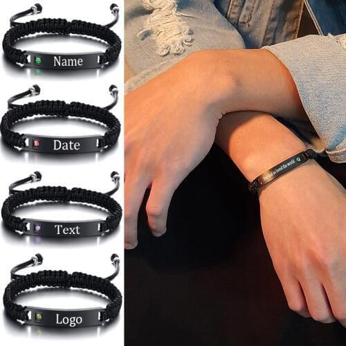 Personalized Birthstone Braided Bracelets Engraved Name Stainless Steel Bar Woven Wristband For Women Men Birthday Gift