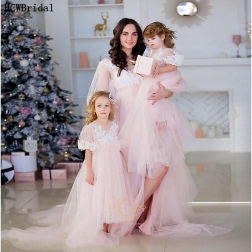 Pink Mother And Daughter Dress Evening Half Sleeves A Line Lace Tulle Pregnant Women Prom Party Dresses Long Formal Gows