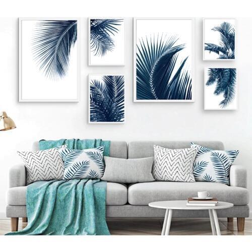 Navy Blue Palm Leaves Wall Art Canvas Painting Nordic Posters and Prints Botanical Leaf Wall Pictures for Living Room Home Decor