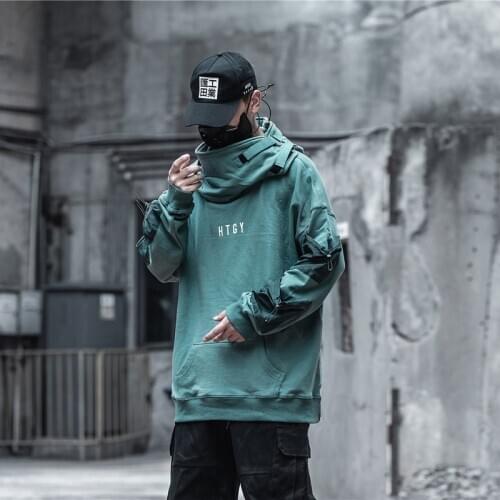 Techwear Streetwear Hoodie Pullover Men Harajuku Neck Fish Mouth Sweatshirts Oversized Hip Hop Punk Tactical Japanese Hoodies
