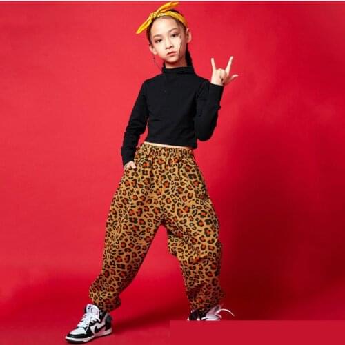 Hip Hop Clothing Kids Girls Black Sweatshirt Crop Top Long Sleeve Leopard Print Streetwear Pants Street Dance Costume Clothes