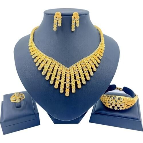 Dubai Jewelry Sets Classic Crystal Necklace Memorial Party Charm Women Dance Party Stud Earrings Bracelet Ring Jewelry Gift