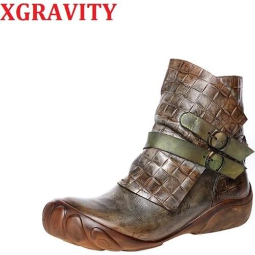 XGRAVITY Top Quality Fashin Fretwork Buckle Women Boots Zipper Casual Woman Boots Leisure Round Toe Genuine Leather Shoes Ladies