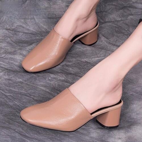 2021 New Plus Size 35-40 Sexy Casual Fashion Slippers Women Med Square heel Sandals Mules Summer Shoes Woman Flip Flops