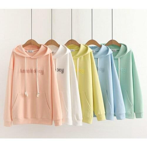 Women Hooded Sweatshirts Letter Embroidery Hoodies Japan Style Loose Casual Long Sleeve Solid Color Pullover 20236