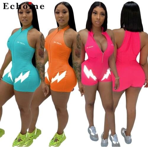 Women Playsuits Summer Sheath Jumpsuits V-Neck Sexy Letter Printed Biker Leisure Wear Zipper Rompers One Piece Outfits Tracksuit