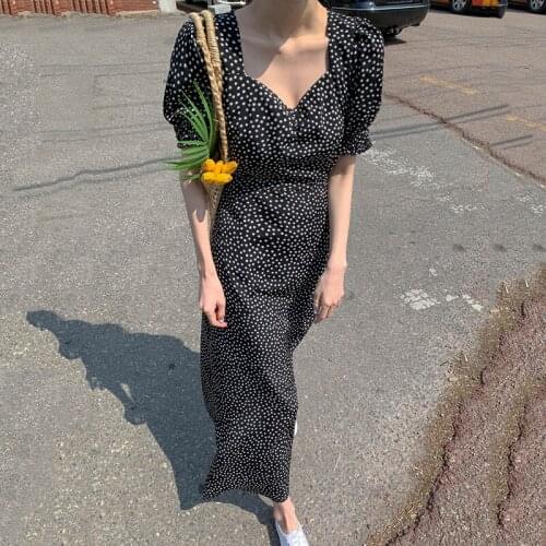 Women Dress Korean Fashion New Clothes Vintage Square Collar Lace Up Vestidos Slim Fit Print Lantern Sleeve Dresses LYQ1296