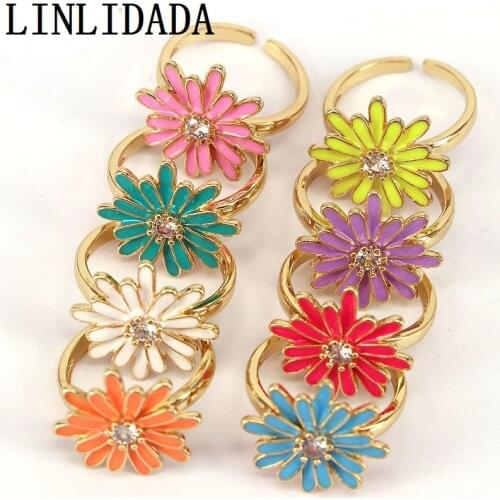 10Pcs 2021 Dainty Flower Rings for Girls Vintage Daisy Flower Ring Gold Plated Enamel Korean Party Rings Gift Jewelry