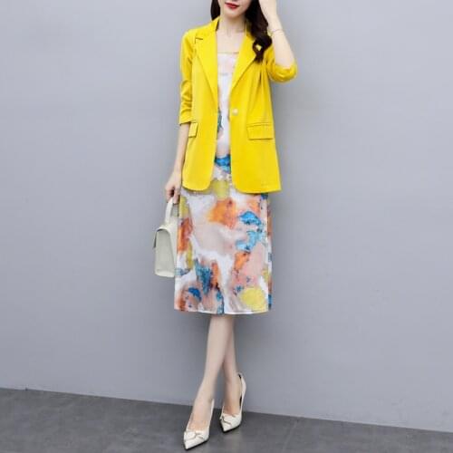 2021 Summer Spring Womens Blazer +Print Camisole Dress Jacket Dresses Two Piece Set Elegant Women Coat Dress Sets
