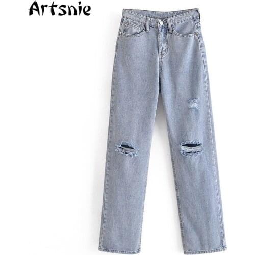 Artsnie Vintage Hole Jeans Women Summer 2021 High Waist Straight Long Pants Femme Streetwear Blue Casual Ladies Denim Shorts
