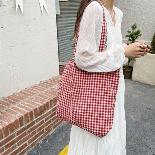 Cotton Double-sided Women Shoulder Bag Retro Plaid Floral Stitching Ladies Canvas Shopping Bag Large Capacity Girl Tote Handbags