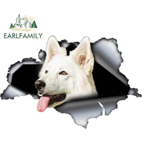 EARLFAMILY 13cm x 8.8cm White Swiss Shepherd Car Sticker Torn Metal Pet Dog Decal JDM Window Car Bumper Decor Motorcycle Graphic