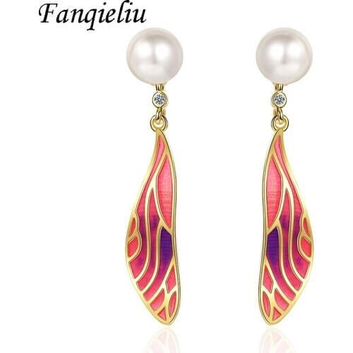 Fanqieliu Gold Color Vintage Wings Pearl Dangle 925 Sterling Silver Drop Earrings For Women FQL21008